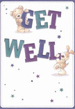 Full of playful spirit and comforting warmth, this get well card would brighten any bedside in Crouch End or beyond. The design springs to life with two adorable characters: a rounded teddy bear, whose cocoa-tinged fur looks impossibly soft, and a cheerful puppy, ears drooping with mischief, each holding and balancing the oversized, colorful letters that spell out 'Get Well.' Indigo and rich teal hues give the text a vibrant energy that stands out against the card's creamy, clean background-evoking the crisp peacefulness of a local baker's morning window display. Scattered across the design are twinkling stars in various blues and violets, their whimsical sparkle reminiscent of the magical feeling after a fresh flower delivery arrives at your door. The tactile illustration style invites the sense of a gentle hug, with the bear's plush fur and the puppy's velvety warmth almost within reach. This card, with its joyful innocence and sincere energy, becomes not just a message but an emotional balm-perfect for pairing with a fresh bouquet from Crouch End's community florists, offering genuine comfort and cheer to every recipient.